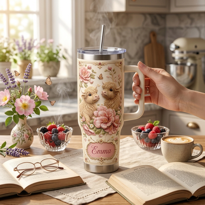 🌺✨ Personalized Highland Cow & Pink Floral Tumbler