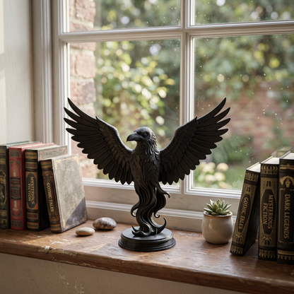 🖤 Black Raven Statue on Plinth – Outstretched Wings Gothic Decor&nbsp;