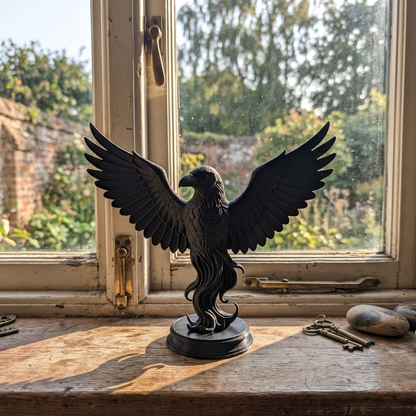🖤 Black Raven Statue on Plinth – Outstretched Wings Gothic Decor&nbsp;