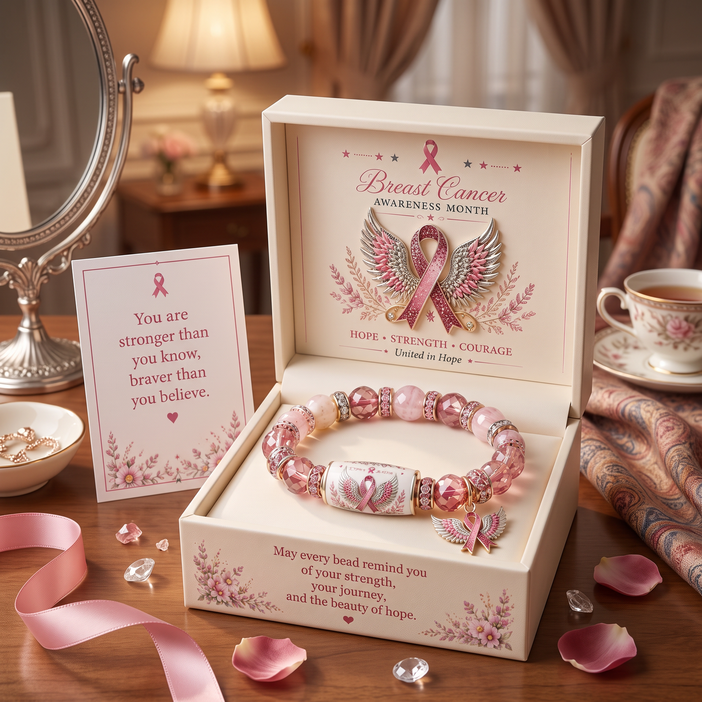 🎗️ Pink Ribbon Angel Wings Bracelet — Breast Cancer Awareness Hope & Strength Beaded Bracelet with Gift Box