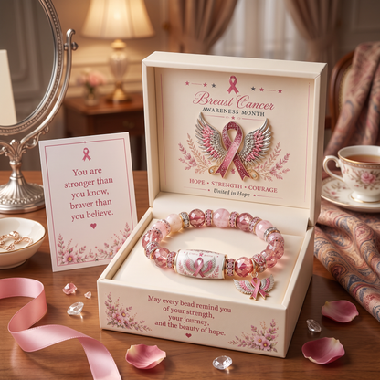 🎗️ Pink Ribbon Angel Wings Bracelet — Breast Cancer Awareness Hope & Strength Beaded Bracelet with Gift Box
