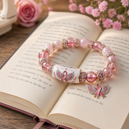 🎗️ Pink Ribbon Angel Wings Bracelet — Breast Cancer Awareness Hope & Strength Beaded Bracelet with Gift Box