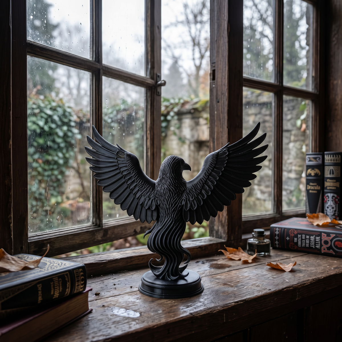 🖤 Black Raven Statue on Plinth – Outstretched Wings Gothic Decor&nbsp;