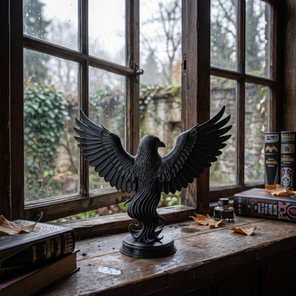 🖤 Black Raven Statue on Plinth – Outstretched Wings Gothic Decor&nbsp;