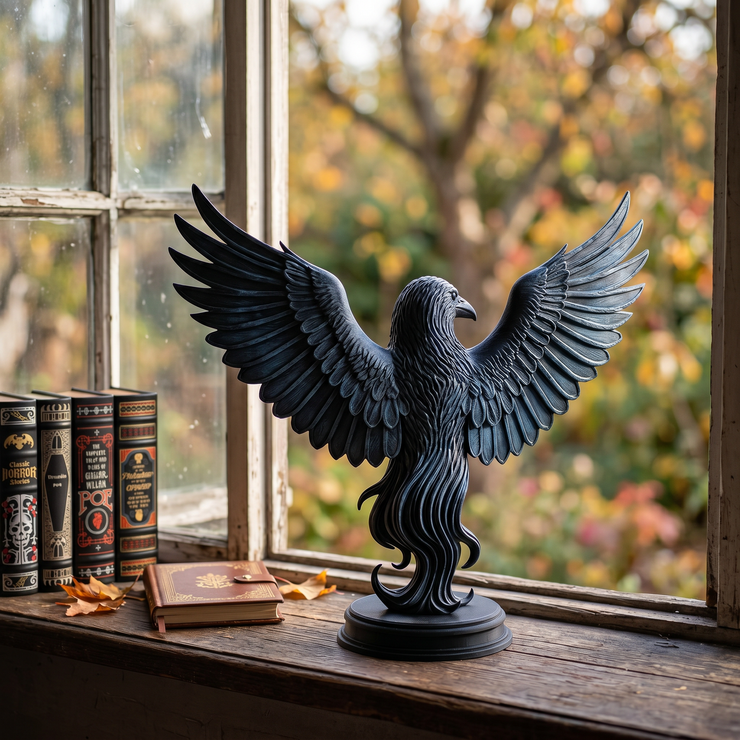 🖤 Black Raven Statue on Plinth – Outstretched Wings Gothic Decor&nbsp;