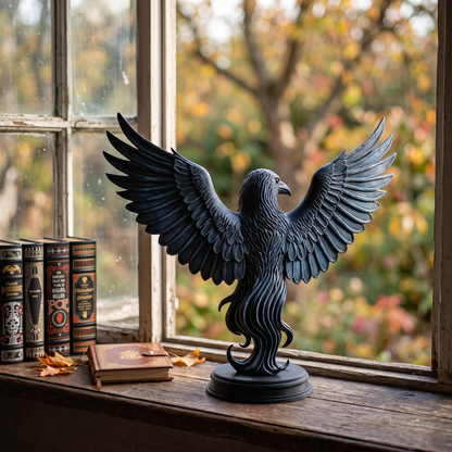 🖤 Black Raven Statue on Plinth – Outstretched Wings Gothic Decor&nbsp;