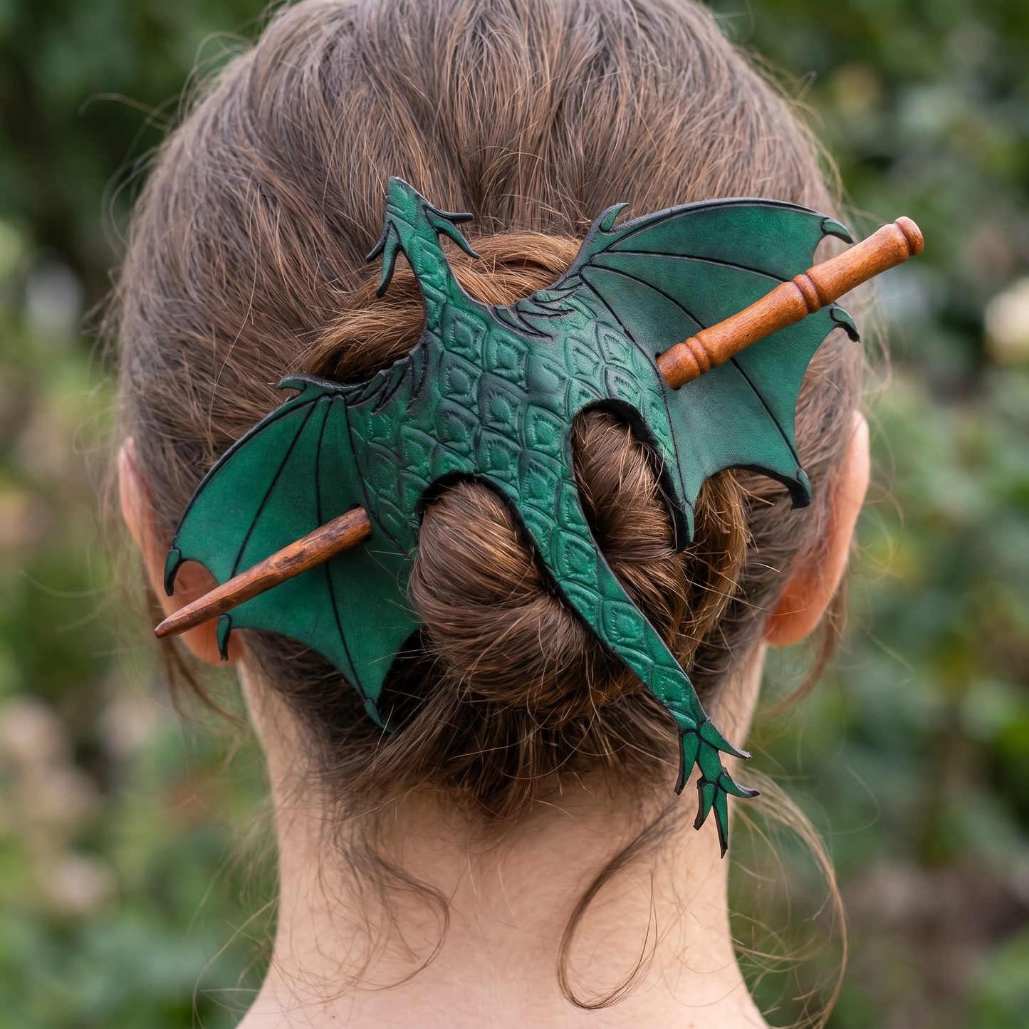 🐉 Leather Tooled Dragon Hair Slide with Wood Stick