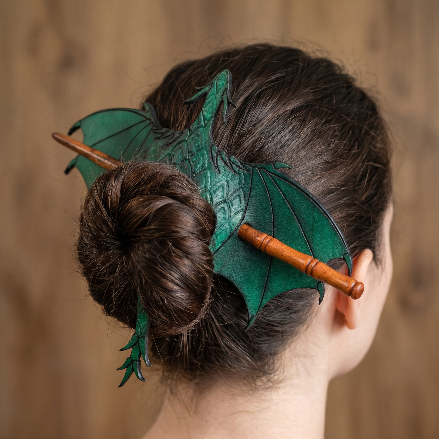 🐉 Leather Tooled Dragon Hair Slide with Wood Stick
