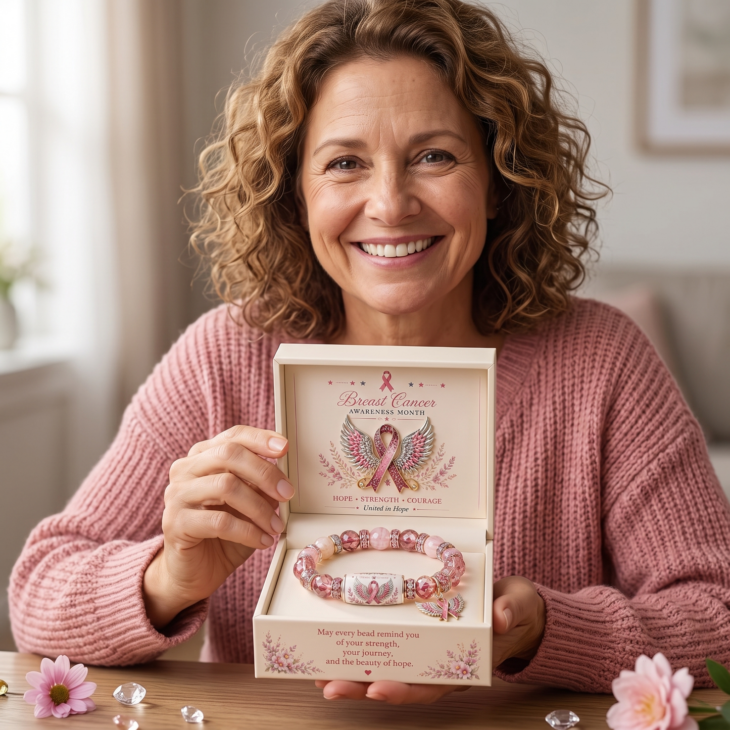 🎗️ Pink Ribbon Angel Wings Bracelet — Breast Cancer Awareness Hope & Strength Beaded Bracelet with Gift Box